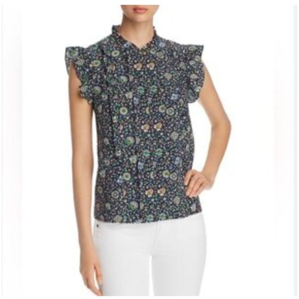 Tory Burch Shirt Womens Size Small Blue Multicolor Floral Ruffle Flutter Sleeve